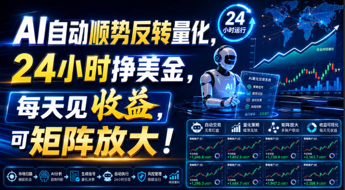 AI自动顺势反转量化，24小时挣美金，每天见收益，可矩阵放大！【揭秘】-大川资源分享站