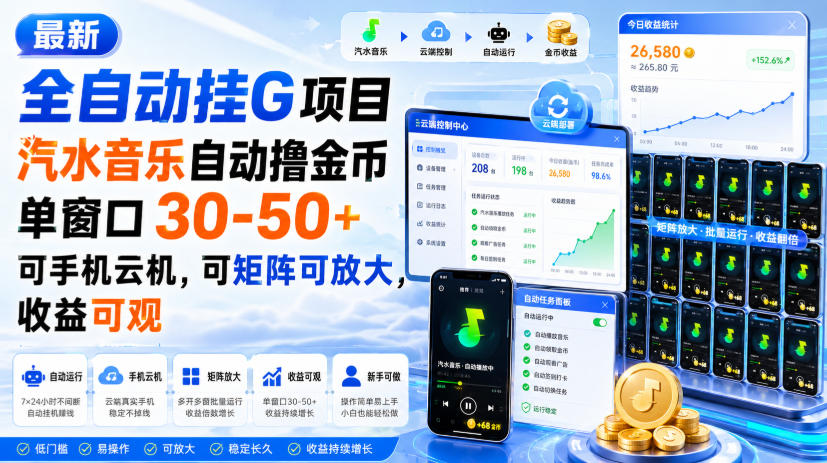 最新全自动挂G项目，汽水音乐自动撸金币单窗口30-50+，可手机云机，可矩阵可放大，收益可观-大川资源分享站