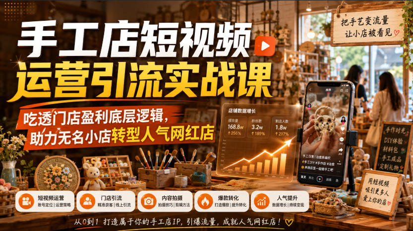 手工店短视频运营引流实战课，吃透门店盈利底层逻辑，助力无名小店转型人气网红店-大川资源分享站