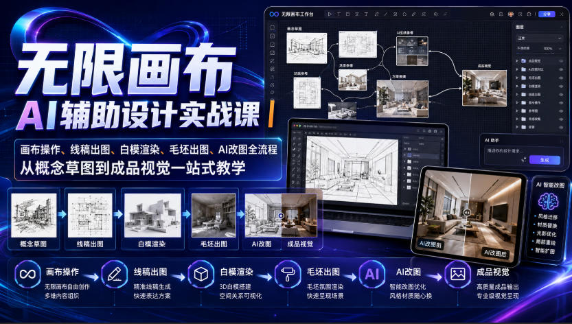 无限画布AI辅助设计实战课｜画布操作、线稿出图、白模渲染、毛坯出图、AI改图全流程，从概念草图到成品视觉一站式教学-大川资源分享站