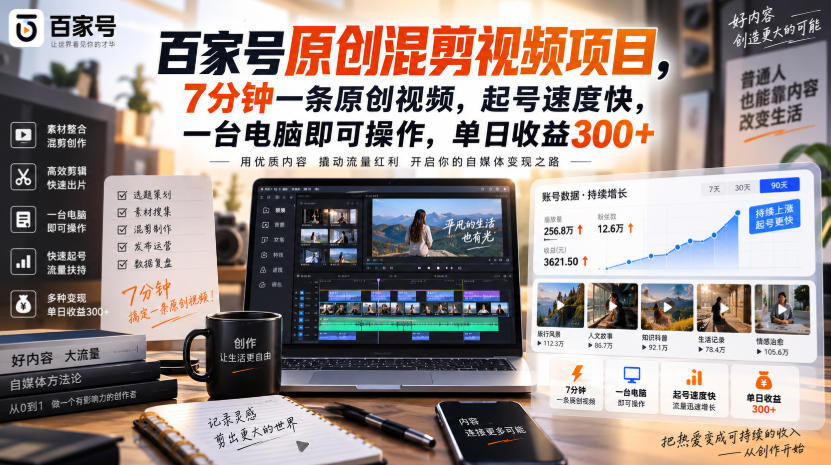 百家号原创混剪视频项目，7分钟一条原创视频，起号速度快，一台电脑即可操作，单日收益300+-大川资源分享站