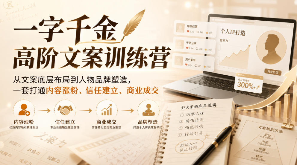 一字千金高阶文案训练营，从文案底层布局到人物品牌塑造，一套打通内容涨粉、信任建立、商业成交-大川资源分享站