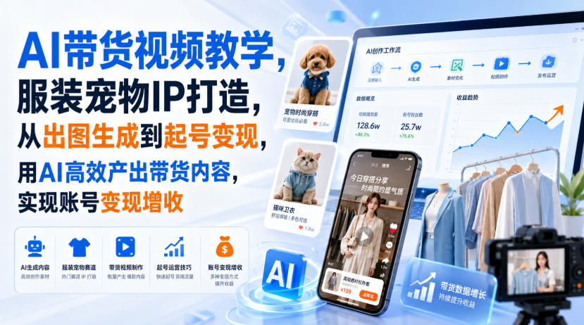 AI带货视频教学，服装宠物IP打造，从出图生成到起号变现，用AI高效产出带货内容，实现账号变现增收-大川资源分享站
