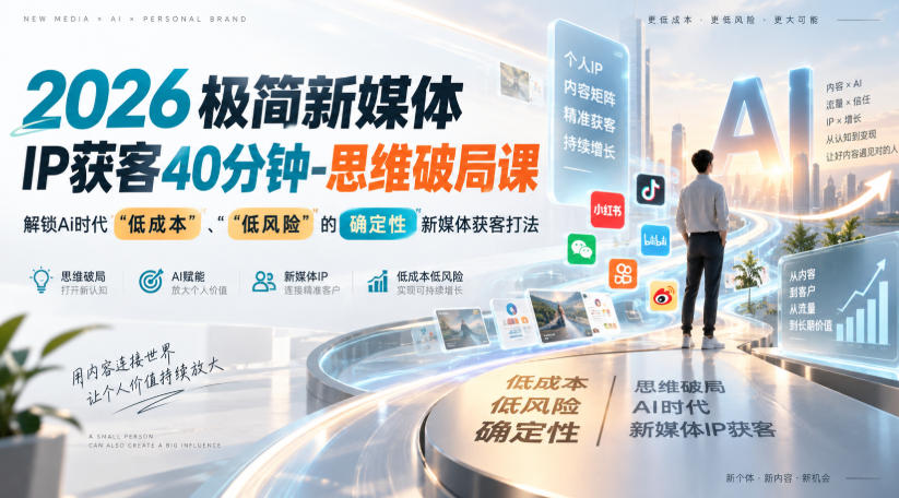 2026极简新媒体IP获客40分钟-思维破局课，解锁Ai时代“低成本”、“低风险”的确定性新媒体获客打法-大川资源分享站