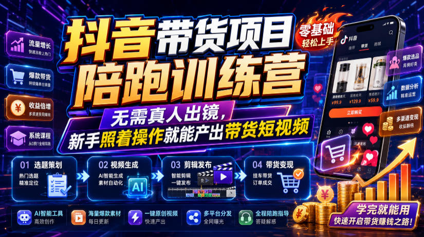 抖音带货项目陪跑训练营，无需真人出镜，新手照着操作就能产出带货短视频(更新0811)-大川资源分享站