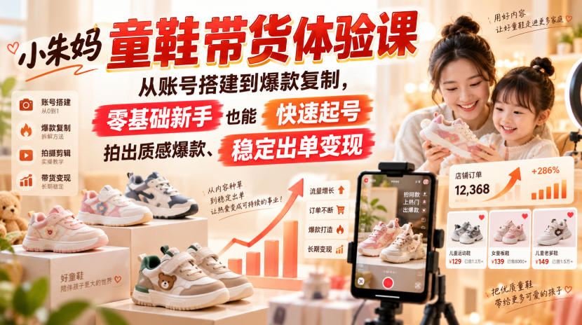 小朱妈童鞋带货体验课，从账号搭建到爆款复制，零基础新手也能快速起号、拍出质感爆款、稳定出单变现-大川资源分享站