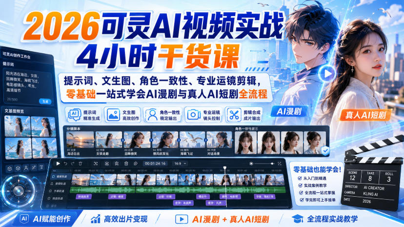 2026可灵AI视频实战4小时干货课｜提示词、文生图、角色一致性、专业运镜剪辑，零基础一站式学会AI漫剧与真人AI短剧全流程-大川资源分享站