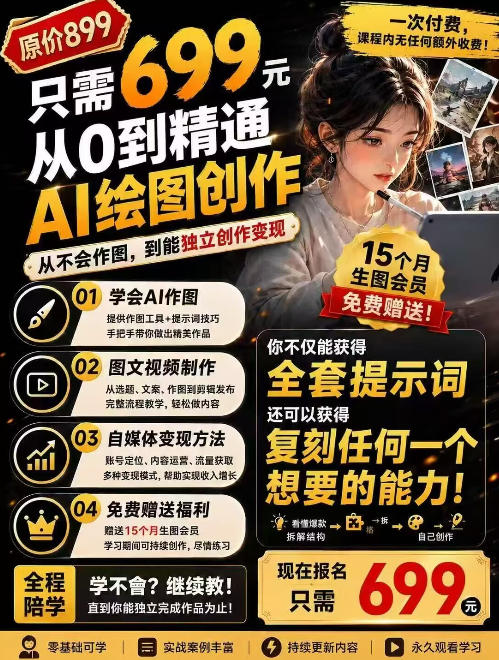 抖音10W粉丝博主的AI绘图教学，从0到精通AI绘图创作，从不会作图到能独立创作变现-大川资源分享站