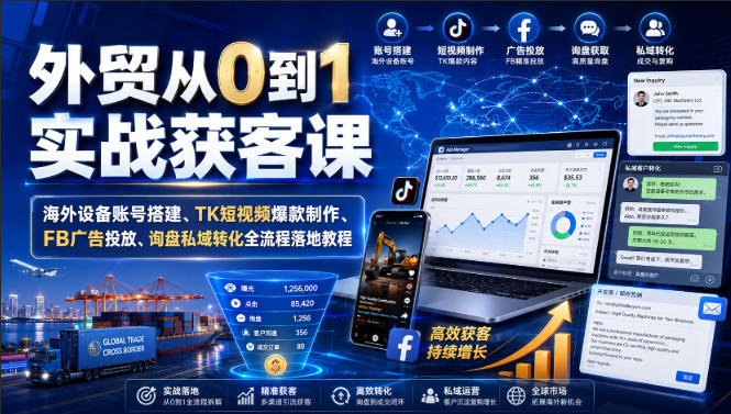 外贸从0到1实战获客课｜海外设备账号搭建、TK短视频爆款制作、FB广告投放、询盘私域转化全流程落地教程-大川资源分享站