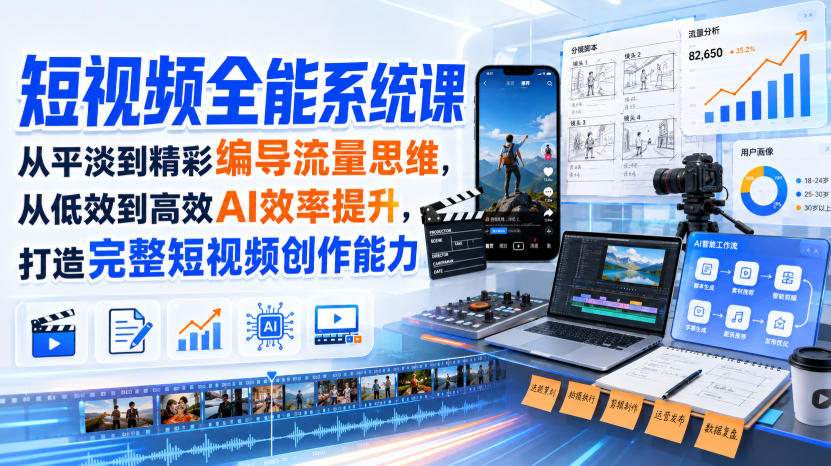 短视频全能系统课，从平淡到精彩编导流量思维，从低效到高效AI效率提升，打造完整短视频创作能力(2026年8月30更新233集)-大川资源分享站