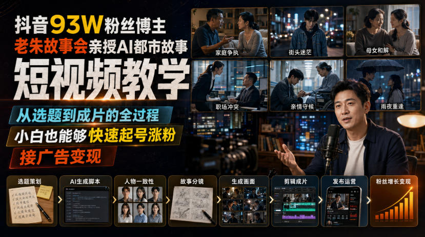 抖音93W粉丝博主老朱故事会亲授AI都市故事短视频教学，从选题到成片的全过程，小白也能够快速起号涨粉接广告变现-大川资源分享站