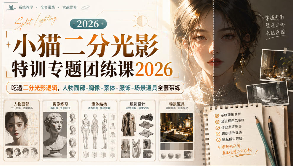 小猫二分光影特训专题团练课2026｜吃透二分光影逻辑，人物面部‑胸像‑素体‑服饰‑场景道具全套带练，高清画质附赠课件与笔刷-大川资源分享站