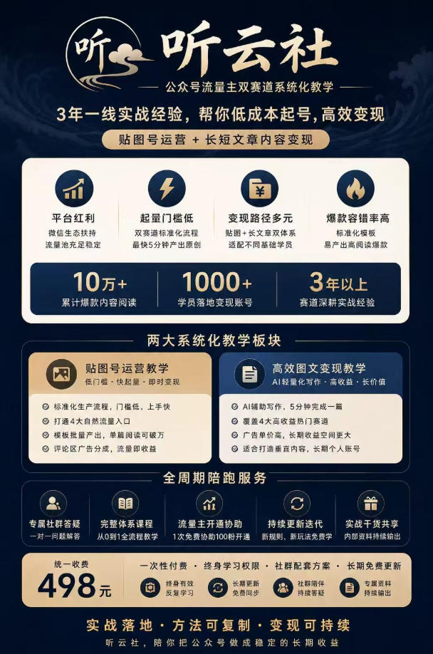 听云社公众号流量主双赛道系统化教学，3年一线实战经验，帮你低成本起号，高效变现，贴图号运营+长短文章内容变现-大川资源分享站